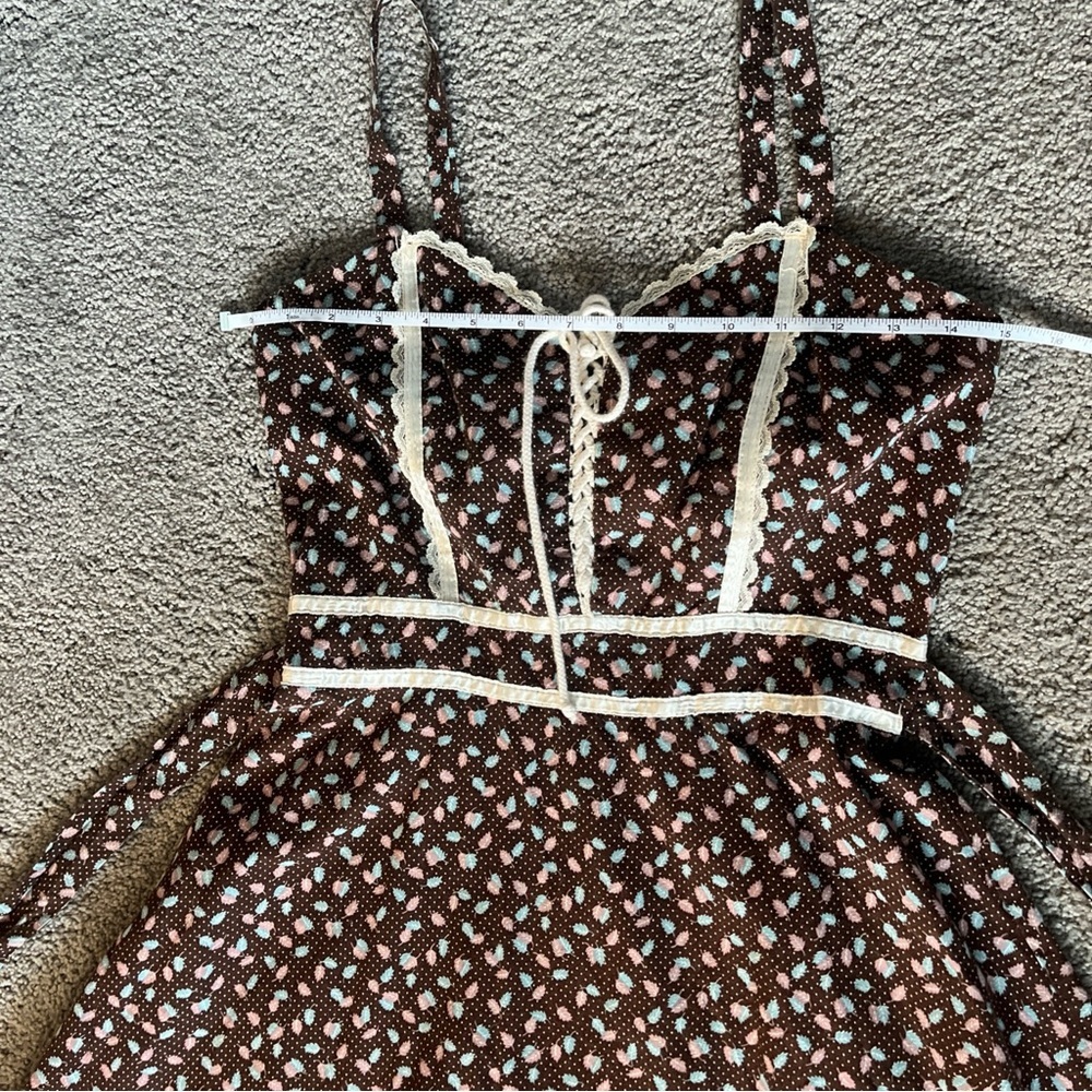 Gunne Sax Prairie Maxi Dress Brown Feather Lace Corset Tie Back Vintage - Picture 15 of 16